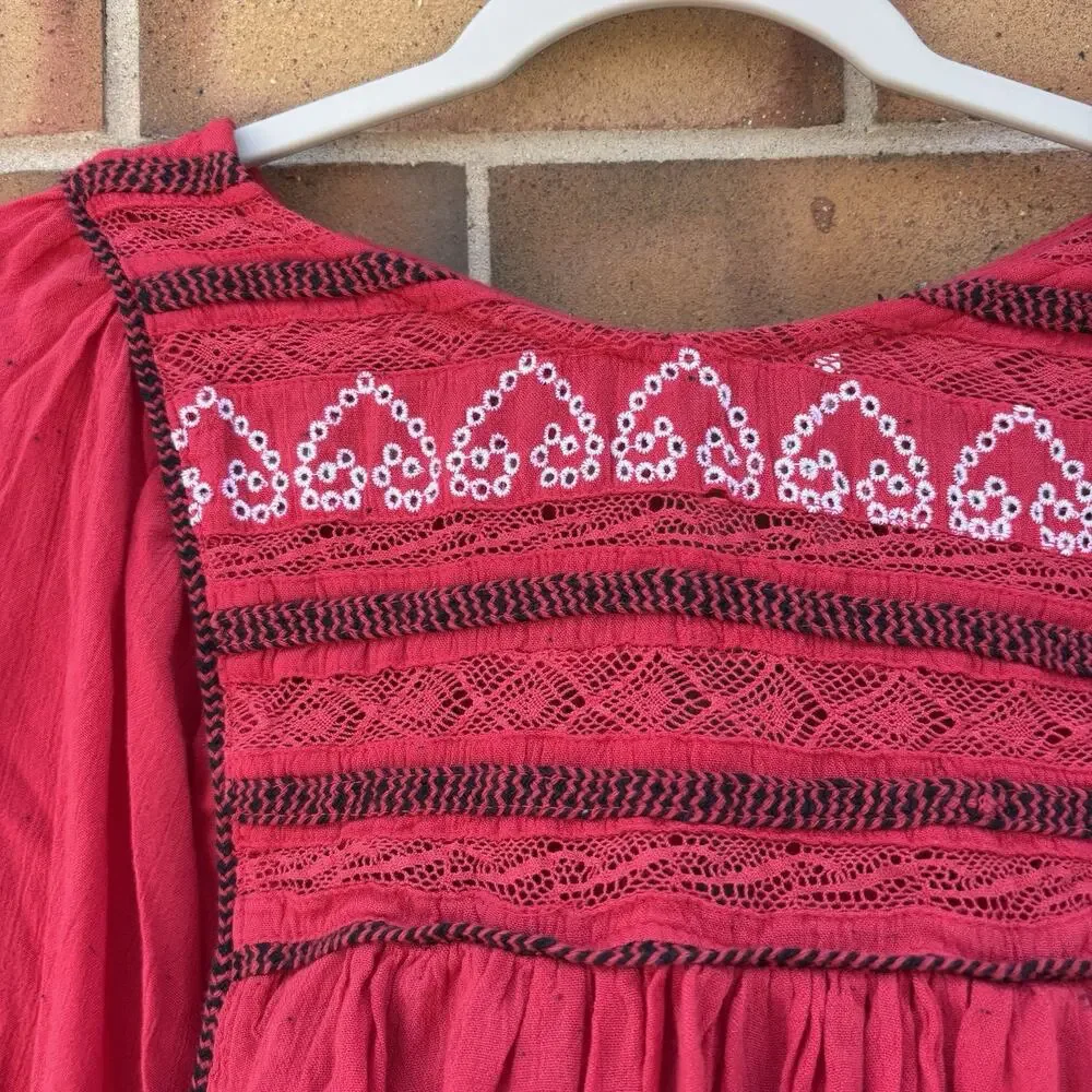 Free People Cyprus Avenue Embroidery Red Boho Long Sleeve Top Sz Large